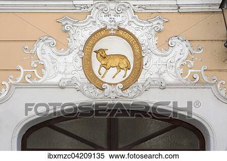Relief over the entrance of the former Gasthaus Zum Goldenen Lamm guesthouse, Amberg, Upper Palatinate, Bavaria, Germany, Europe View Large Photo Image Stock Photography - Relief over the entrance of the former Gasthaus Zum Goldenen Lamm guesthouse, Amberg, Upper Palatinate, Bavaria, Germany, Europe. Fotosearch