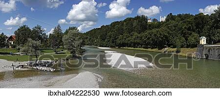 Stock Image - River Isar, Calvary with Leonhardikapelle chapel and Holy Cross Church or Kalvarienkirche behind, Bad Tolz, Upper Bavaria, Bavaria, Germany, Europe. Fotosearch