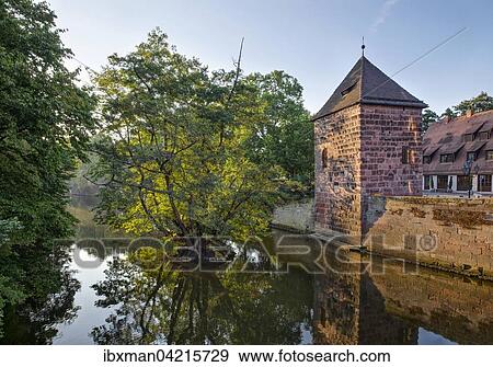 Stock Photo - River Pegnitz and fortification tower, Schutt island, Nuremberg, Middle Franconia, Franconia, Bavaria, Germany, Europe. Fotosearch
