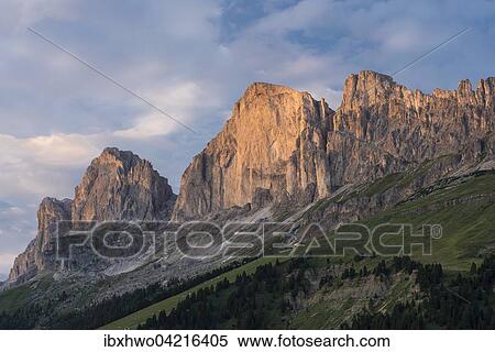 Stock Photography - Rosengarten Group, western side in the evening light, view from Karerpass, Croda Rossa, 2806 m, Dolomites, UNESCO World Heritage Site, Alps, Province of South Tyrol, Trentino-Alto Adige, Italy, Europe. Fotosearch