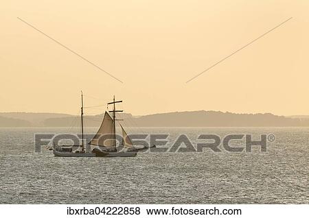Stock Photo - Sailboat in the lagoon backwaters in the evening light, Usedom Island, Mecklenburg-Western Pomerania, Germany, Europe. Fotosearch