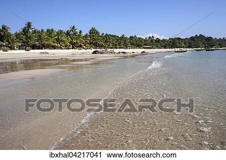Stock Image - Sea, beach, palm trees, bungalows, Ngapali Beach, Ngapali, Thandwe, Rakhine State, Myanmar, Asia. Fotosearch