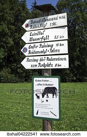 Stock Image - Sign for hikers, Jachenau, Upper Bavaria, Bavaria, Germany, Europe. Fotosearch