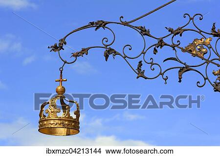 Signboard for the Gasthaus Zur Goldenen Krone, guesthouse, blue sky, Leinburg, Middle Franconia, Bavaria, Germany, Europe View Large Photo Image Picture - Signboard for the Gasthaus Zur Goldenen Krone, guesthouse, blue sky, Leinburg, Middle Franconia, Bavaria, Germany, Europe. Fotosearch