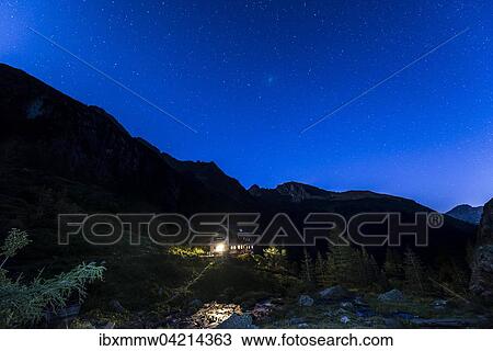 Stock Image - Starry sky above Gollinghutte at night, Rohrmoos-Untertal, Schladming Tauern, Alps, Styria, Austria, Europe. Fotosearch