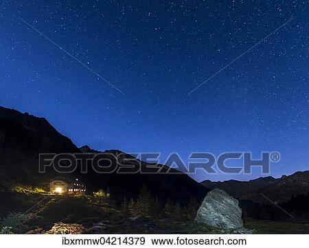 Stock Photo - Starry sky above Gollinghutte at night, Rohrmoos-Untertal, Schladming Tauern, Alps, Styria, Austria, Europe. Fotosearch