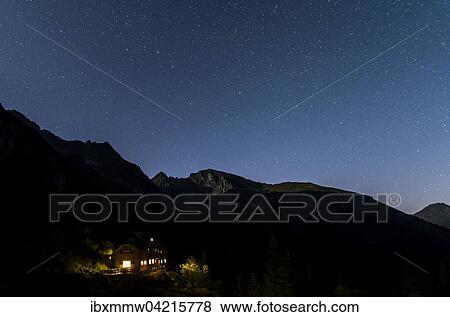 Stock Photo - Starry sky above Gollinghutte at night, Rohrmoos-Untertal, Schladming Tauern, Alps, Styria, Austria, Europe. Fotosearch