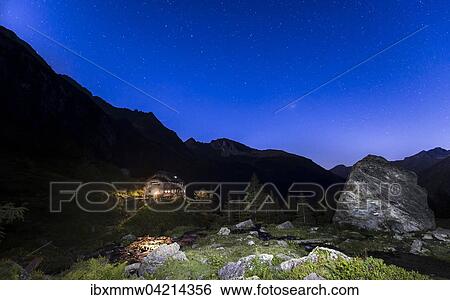 Stock Photograph - Starry sky above Gollinghutte at night, Rohrmoos-Untertal, Schladming Tauern, Alps, Styria, Austria, Europe. Fotosearch