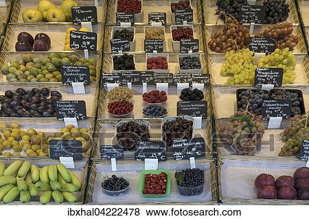 Stock Photo - Various fruits at a fruit stand, Viktualienmarkt, Munich, Bavaria, Germany, Europe. Fotosearch