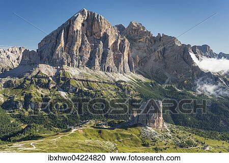 Stock Image - View from the mountain Nuvolau to the rock group Five Towers, Tofana di Rozes behind, Fanes group, Dolomites, Veneto, Italy, Europe. Fotosearch