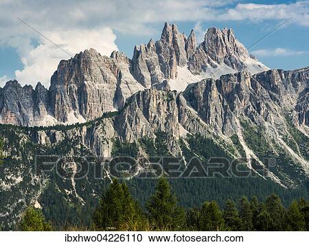 Stock Image - View from the mountain Nuvolau towards rock group Lastoi di Formin, Giau Pass, Croda di Lago behind, 2709 m, Ampezzo Dolomites, Alps, Veneto, Italy, Europe. Fotosearch