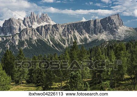 Stock Image - View from the mountain Nuvolau towards rock group Lastoi di Formin, Giau Pass, Croda di Lago behind, 2709 m, Ampezzo Dolomites, Alps, Veneto, Italy, Europe. Fotosearch