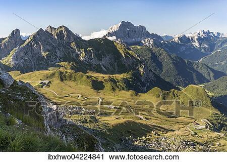 Stock Image - View from the mountain to the Giau Pass with road, 2236 m, valley of Livinallongo, Monte Civetta behind, 3220 m, Dolomites, Alps, Veneto, Italy, Europe. Fotosearch