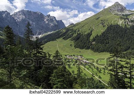 View to the Almdorf Eng, Eng Alm, Laliderer Walls mountains rear left, Karwendel, Tyrol, Austria, Europe View Large Photo Image Stock Photo - View to the Almdorf Eng, Eng Alm, Laliderer Walls mountains rear left, Karwendel, Tyrol, Austria, Europe. Fotosearch