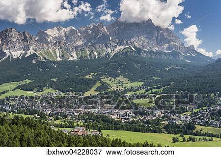 Stock Photo - View towards Cortina d'Ampezzo, Cristallo range behind, Ampezzo Dolomites, Alps, Venice, Veneto, Italy, Europe. Fotosearch