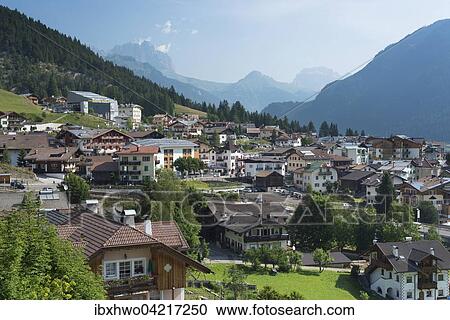 Stock Image - Vigo di Fassa, rear left Sassolungo, Val di Fassa, Trentino, Dolomites, Trentino-Alto Adige, Italy, Europe. Fotosearch