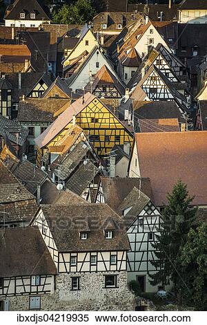 Village with half-timbered houses at sunrise, Riquewihr, Alsace, France, Europe View Large Photo Image Stock Photography - Village with half-timbered houses at sunrise, Riquewihr, Alsace, France, Europe. Fotosearch