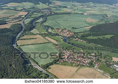 Stock Image - Werra floodplains, district Herth in front, Sallmannshausen behind, A4 motorway, Gerstungen, Thuringia, Germany, Europe. Fotosearch