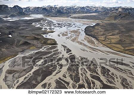 Aerial view, branches of the Tungna River near Landmannalaugar in the interior highlands of Iceland, Europe View Large Photo Image Stock Image - Aerial view, branches of the Tungna River near Landmannalaugar in the interior highlands of Iceland, Europe. Fotosearch