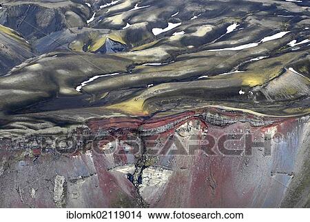 Picture - Aerial view, caldera of Ljótipollur or Ljotpollur volcano, red slag and moss, crater rim, Landmannalaugar, Iceland, Europe. Fotosearch
