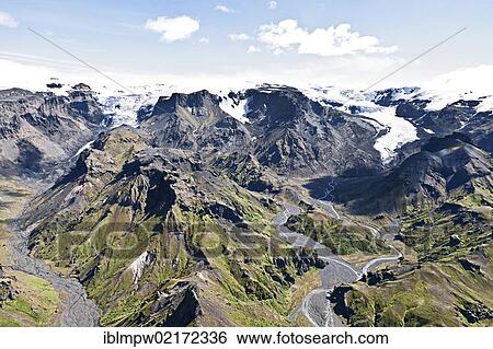 Aerial view of the Thórsmoerk region with the Markjaflott River in the southern highlands of Iceland, Europe View Large Photo Image Stock Photograph - Aerial view of the Thórsmoerk region with the Markjaflott River in the southern highlands of Iceland, Europe. Fotosearch
