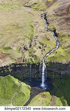 Aerial view, Seljalandsfoss waterfall on the edge of the highlands of Iceland, Europe View Large Photo Image Stock Image - Aerial view, Seljalandsfoss waterfall on the edge of the highlands of Iceland, Europe. Fotosearch