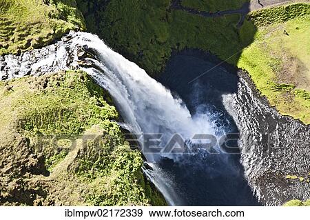 Stock Photo - Aerial view, Seljalandsfoss waterfall on the edge of the highlands of Iceland, Europe. Fotosearch