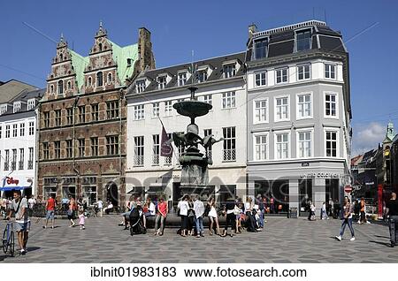 Stock Image - Amagertorv square with Crane Fountain and the Royal Copenhagen store, Copenhagen, Denmark, Scandinavia, PublicGround, Europe. Fotosearch