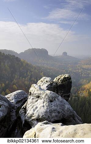 Stock Image - Autumn landscape in the Elbe Sandstone Mountains, Saxon Switzerland, Saxony, Germany, Europe. Fotosearch