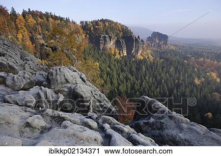 Stock Image - Autumn landscape in the Elbe Sandstone Mountains, Saxon Switzerland, Saxony, Germany, Europe. Fotosearch