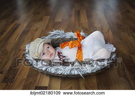 Stock Photo - Baby, 2 months, lying in a basket with a bow. Fotosearch