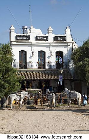 Bar and restaurant for horse-riders, Andalusian horses parked in front, El Rocio, Almonte, Huelva province, Andalusia, Spain, Europe View Large Photo Image Picture - Bar and restaurant for horse-riders, Andalusian horses parked in front, El Rocio, Almonte, Huelva province, Andalusia, Spain, Europe. Fotosearch