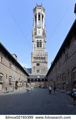 Stock Photo - Belfry or bell tower of Belfort, Grote Markt market square, historic city centre of Bruges, UNESCO World Heritage Site, West Flanders, Flemish Region, Belgium, Europe. Fotosearch