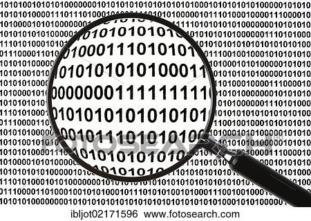 Stock Photograph - Binary numbers, computer code through a magnifying glass. Fotosearch