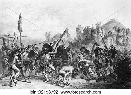 Stock Image - Bison Dance of the Mandan Indians, illustration from Travels in the Interior of North America, 1832-1834, by Prince Maximilian of Wied, illustrations by Carl Bodmer, Koblenz, 1839. Fotosearch