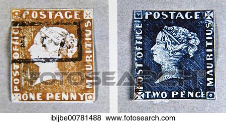 Stock Photo - Blue and orange stamps from Mauritius, colonial period, philately, rarity. Fotosearch