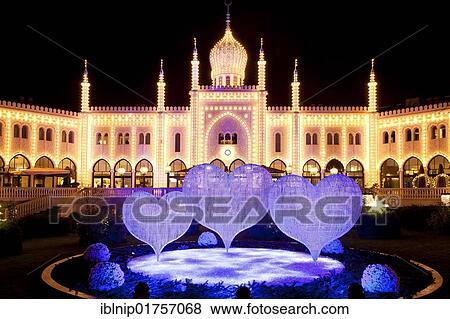 Blue Christmas hearts in front of restaurant Nimb, Tivoli, Copenhagen, Denmark, Europe View Large Photo Image Stock Photo - Blue Christmas hearts in front of restaurant Nimb, Tivoli, Copenhagen, Denmark, Europe. Fotosearch