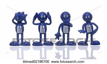 Blue figures with Greek flags, one seeing nothing, one hearing nothing, one saying nothing and one holding out its hand, symbolic image for the bailout package for Greece View Large Photo Image Stock Image - Blue figures with Greek flags, one seeing nothing, one hearing nothing, one saying nothing and one holding out its hand, symbolic image for the bailout package for Greece. Fotosearch