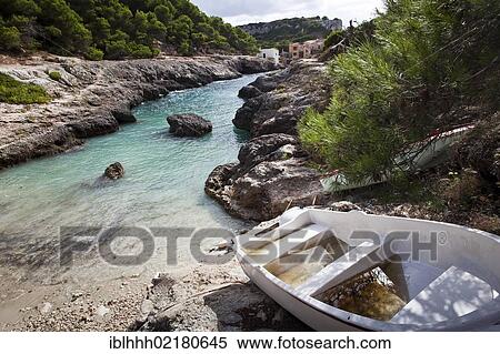 Boat, Cala s'Almunia, southeast coast, Majorca, Balearic Islands, Spain, Europe View Large Photo Image Stock Photography - Boat, Cala s'Almunia, southeast coast, Majorca, Balearic Islands, Spain, Europe. Fotosearch