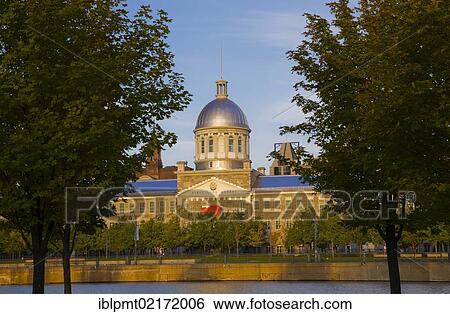Stock Photograph - Bonsecours Market through trees in morning light in autumn, Old Montreal, Quebec, Canada, North America. Fotosearch