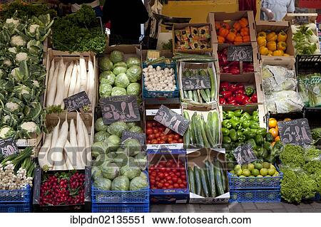 Stock Image - Boxes of vegetables and salad, market stall, Portsmouth, Hampshire, England, United Kingdom, Europe. Fotosearch