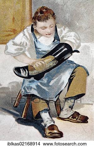 Picture - Boy polishing boots with a brush, historical postcard, lithography, circa 1900. Fotosearch