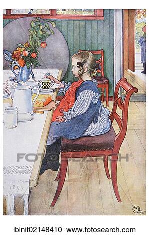 Stock Image - Breakfast of the Seven Sleepers, illustration in The House in the Sun by Carl Larsson, 1917. Fotosearch