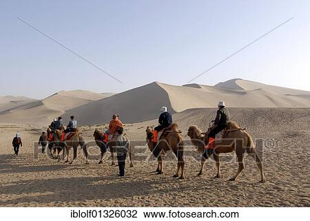 Stock Image - Camel caravan with tourists in front of the sand dunes of the Gobi Desert and Mount Mingshan near Dunhuang, Silk Road, Gansu, China, Asia. Fotosearch