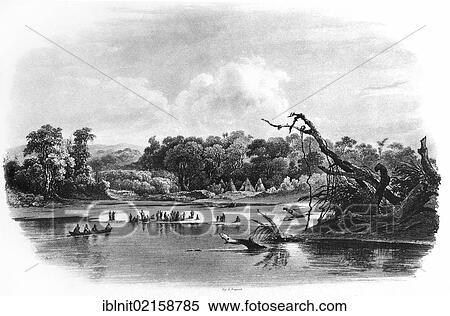Stock Photography - Camping Punka Indians on the banks of the Missouri, illustration from Travels in the Interior of North America, 1832-1834, by Prince Maximilian of Wied, illustrations by Carl Bodmer, Koblenz, 1839. Fotosearch