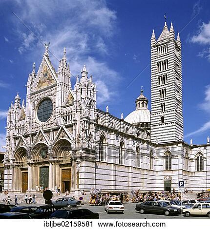 Stock Image - Cathedral of Siena, west facade by Giovanni Pisano, bell tower, Siena, Tuscany, Italy, Europe. Fotosearch