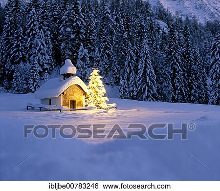 Stock Photograph - Chapel near Elmau, dusk, snow-covered winter landscape, Christmas tree, Upper Bavaria, Bavaria, Germany, Europe. Fotosearch