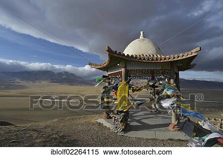 Stock Photography - Chinese Mongolian pavilion adorned with Buddhist prayer flags flying in the wind, grasslands of Bayanbulak, Bayingolin Mongol Autonomous Prefecture, Kuqa, Silk Road, Tianshan Mountains, Tien Shan, Xinjiang, China, Asia. Fotosearch