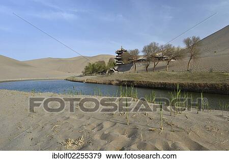Chinese Pagoda at Crescent Lake near Dunhuang, Silk Road, Gansu, China, Asia View Large Photo Image Stock Photo - Chinese Pagoda at Crescent Lake near Dunhuang, Silk Road, Gansu, China, Asia. Fotosearch