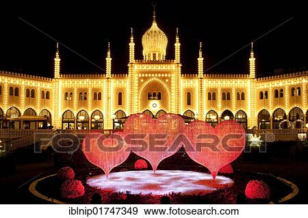 Christmas decoration, red hearts in front of restaurant Nimb in Tivoli, Copenhagen, Denmark, Europe View Large Photo Image Stock Photo - Christmas decoration, red hearts in front of restaurant Nimb in Tivoli, Copenhagen, Denmark, Europe. Fotosearch